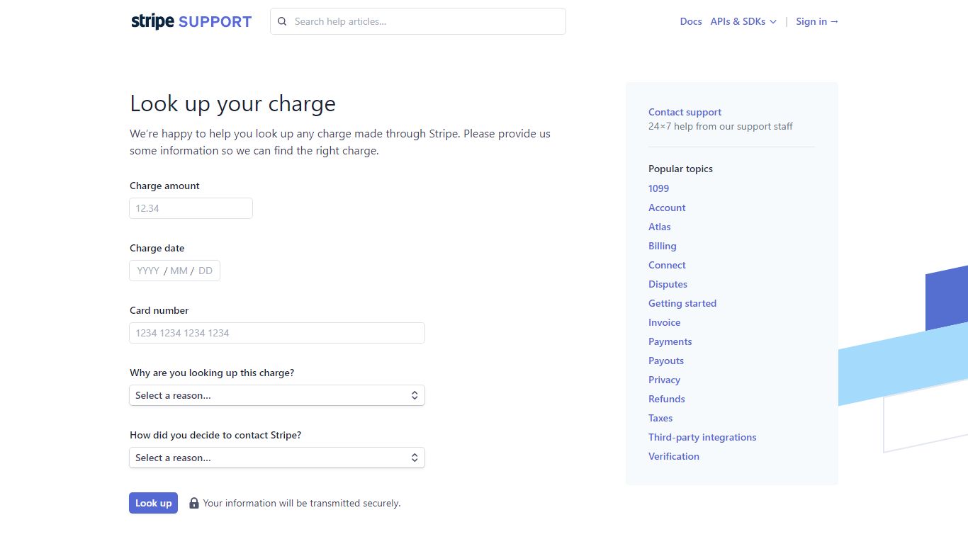 Charge lookup | Stripe: Help & Support